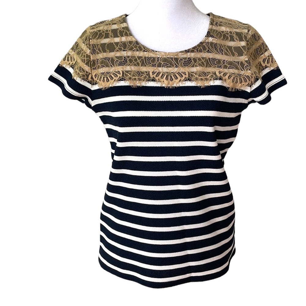 Vintage Y2K Ann Taylor Navy and White Stripe Lace Top Pique Tee Shirt Top Small